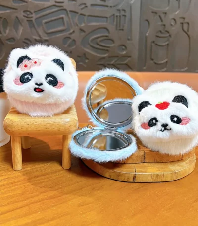 Cute Plush Panda Mirror Bag Charm Keychain Fluffy Cartoon Panda Plush Pendant With Folding Double‑Sided Makeup Mirror And Bell