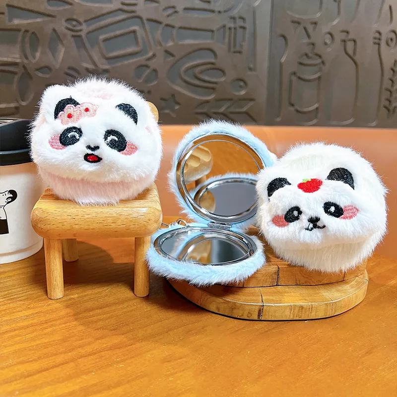 image (15) Cute Plush Panda Mirror Bag Charm Keychain Fluffy Cartoon Panda Plush Pendant With Folding Double‑Sided Makeup Mirror And Bell