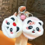Cute Plush Panda Mirror Bag Charm Keychain Fluffy Cartoon Panda Plush Pendant With Folding Double‑Sided Makeup Mirror And Bell