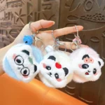 Cute Plush Panda Mirror Bag Charm Keychain Fluffy Cartoon Panda Plush Pendant With Folding Double‑Sided Makeup Mirror And Bell