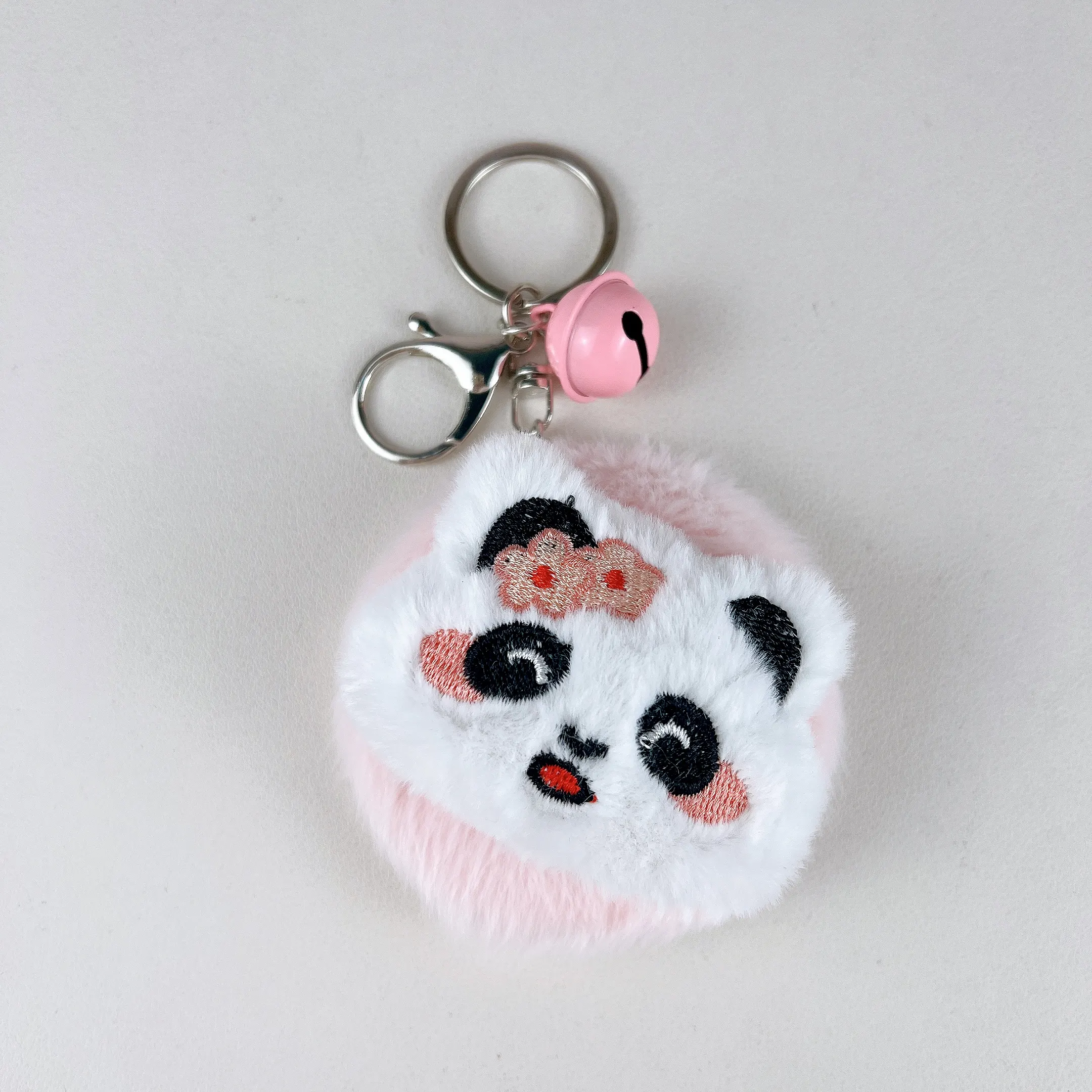 Cute Plush Panda Mirror Bag Charm Keychain Fluffy Cartoon Panda Plush Pendant With Folding Double‑Sided Makeup Mirror And Bell