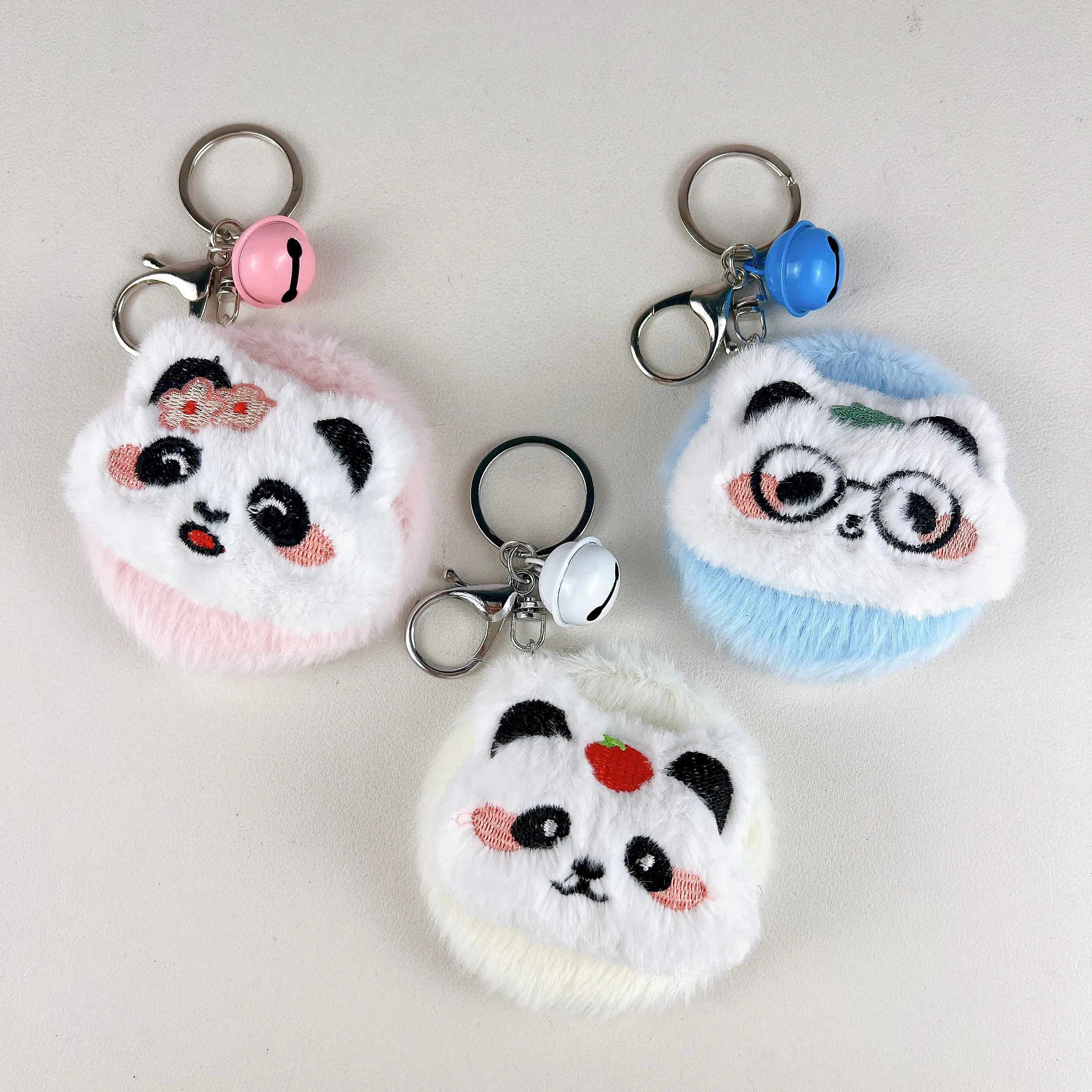 Cute Plush Panda Mirror Bag Charm Keychain Fluffy Cartoon Panda Plush Pendant With Folding Double‑Sided Makeup Mirror And Bell