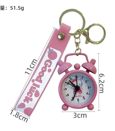 Pink Cartoon Mini Alarm Clock Keychain with Good Luck Wrist Strap, Bag Decor Pendant