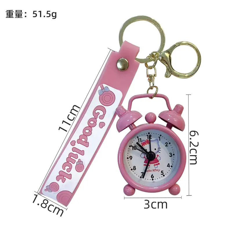 Pink Cartoon Mini Alarm Clock Keychain with Good Luck Wrist Strap, Bag Decor Pendant
