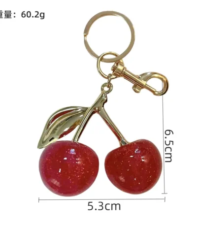glitter cherry keychain, shiny resin fruit bag pendant with golden metal leaf