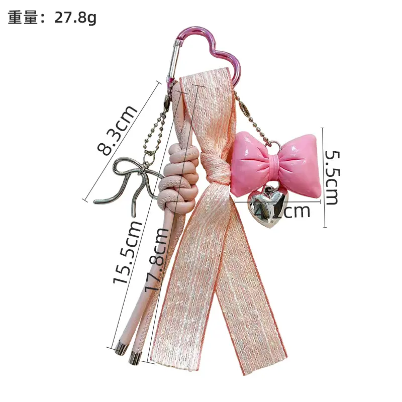 leather rope bowknot keychain, sweet ribbon tassel detachable bag charm with heart pendant