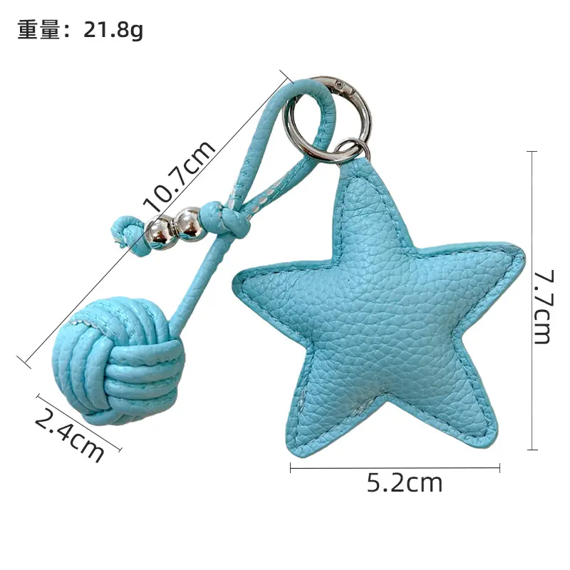 Pebbled Leather Star Bag Charm Keychain Minimalist Star Pendant With Braided Lanyard