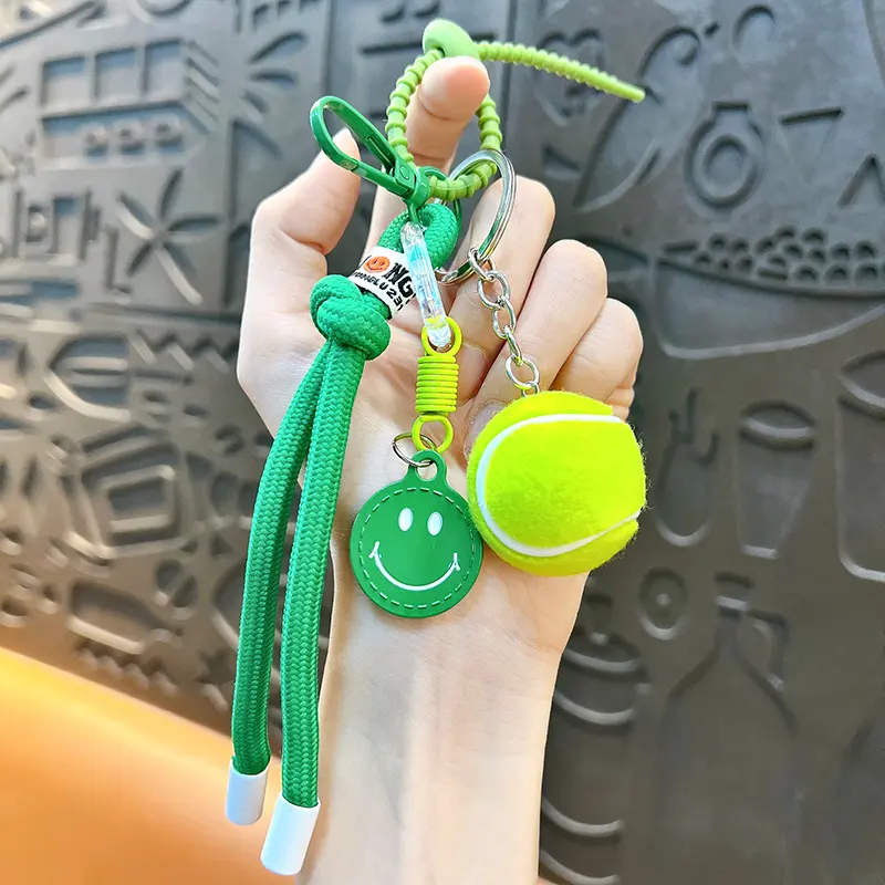 Multi-color woven rope tennis smiley keychain display