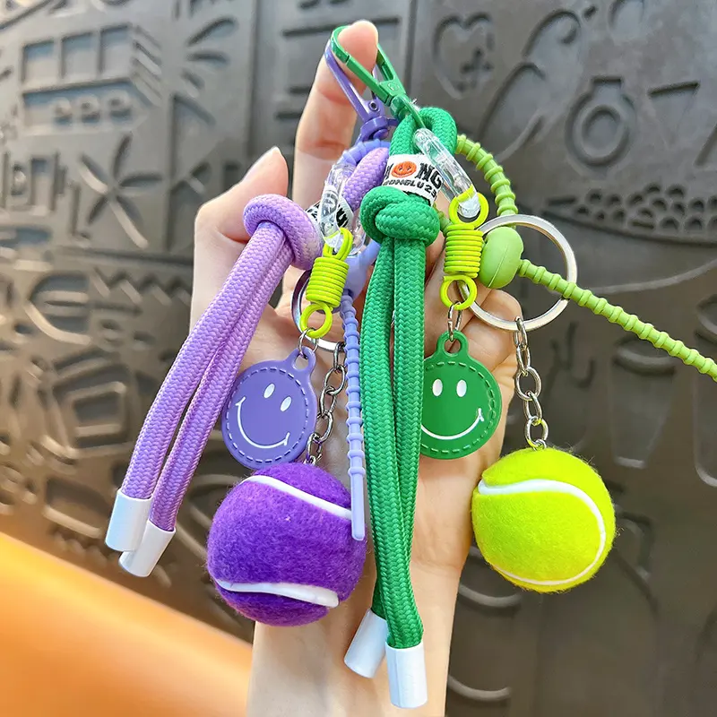 Multi-color woven rope tennis smiley keychain display