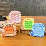 Pink Good Luck Bear Pop It Fidget Keychain, Silicone Stress Relief Squeeze Bubble Bag Charm
