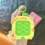 Pink Good Luck Bear Pop It Fidget Keychain, Silicone Stress Relief Squeeze Bubble Bag Charm