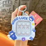 Pink Good Luck Bear Pop It Fidget Keychain, Silicone Stress Relief Squeeze Bubble Bag Charm