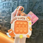 Pink Good Luck Bear Pop It Fidget Keychain, Silicone Stress Relief Squeeze Bubble Bag Charm