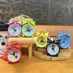 Pink Cartoon Mini Alarm Clock Keychain with Good Luck Wrist Strap, Bag Decor Pendant