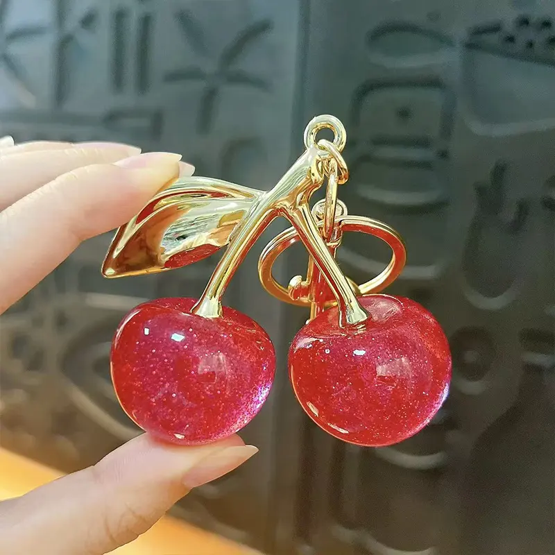 glitter cherry keychain, shiny resin fruit bag pendant with golden metal leaf