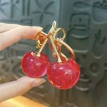 glitter cherry keychain, shiny resin fruit bag pendant with golden metal leaf