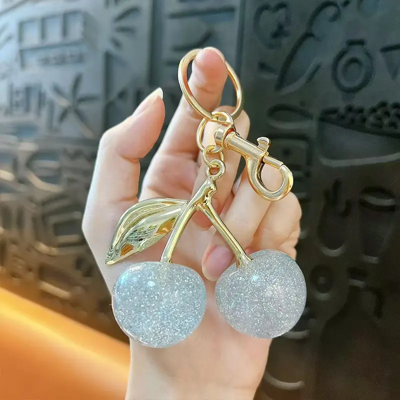 glitter cherry keychain, shiny resin fruit bag pendant with golden metal leaf
