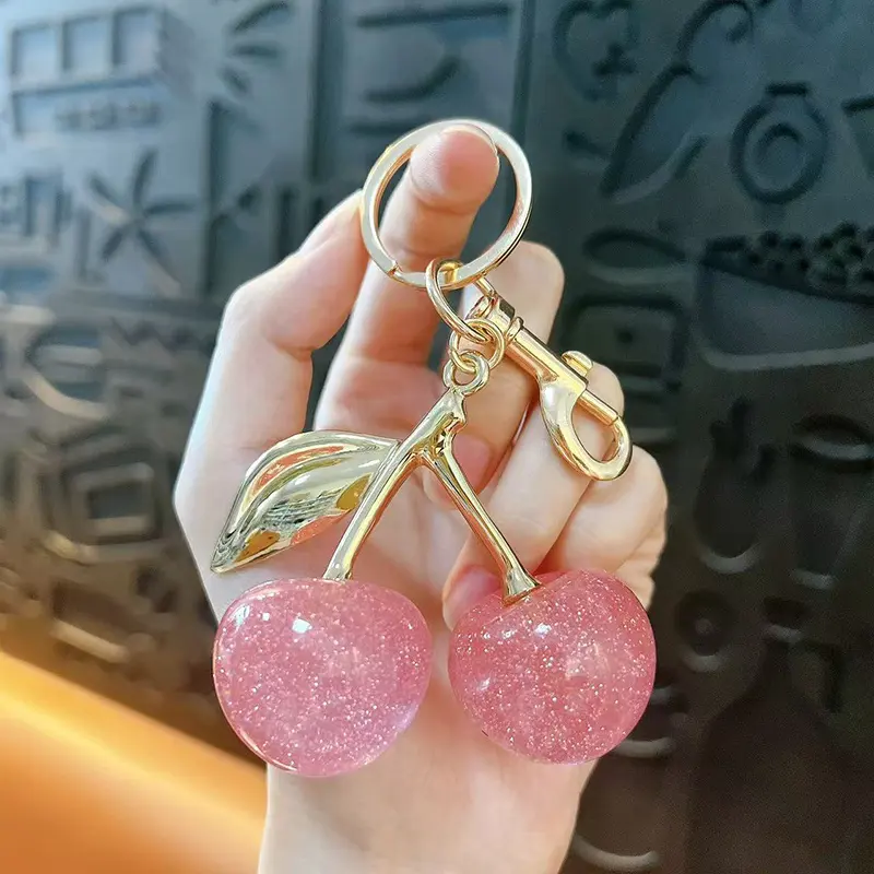 glitter cherry keychain, shiny resin fruit bag pendant with golden metal leaf
