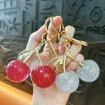 glitter cherry keychain, shiny resin fruit bag pendant with golden metal leaf