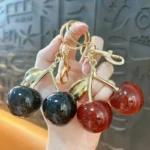 glitter cherry keychain, shiny resin fruit bag pendant with golden metal leaf
