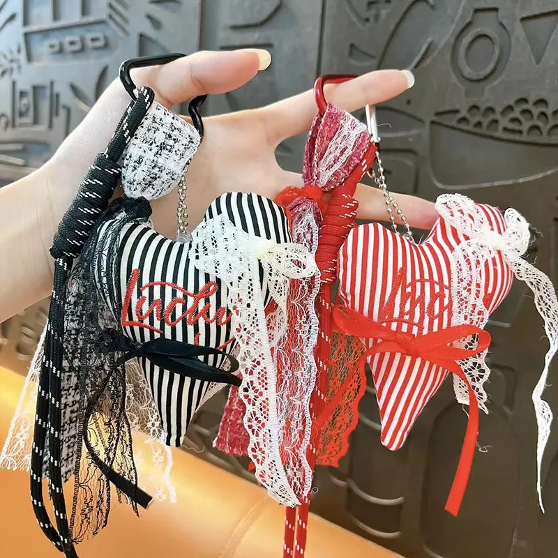 Lace ribbon heart bag keychain multiple color styles display