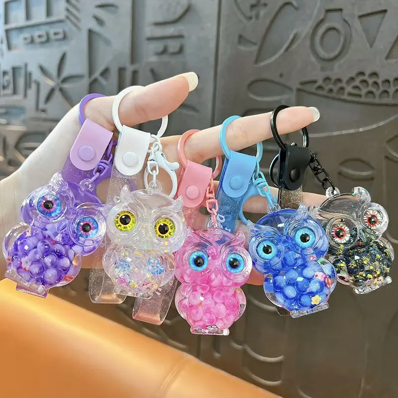 Creative Oil-Filled Bubble Bead Owl Keychain Cute Liquid Quicksand Charm Couple Bag Accessory Mini Gift