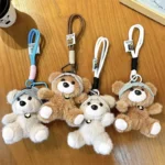 teddy bear hat plush keychain, soft stuffed animal bear backpack charm with lanyard