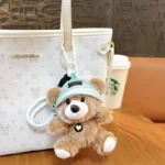 teddy bear hat plush keychain, soft stuffed animal bear backpack charm with lanyard