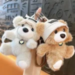 teddy bear hat plush keychain, soft stuffed animal bear backpack charm with lanyard