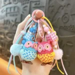 owl shaped lanyard keychain, cute beaded pom-pom owl bag charm for backpack
