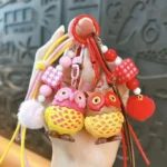 owl shaped lanyard keychain, cute beaded pom-pom owl bag charm for backpack