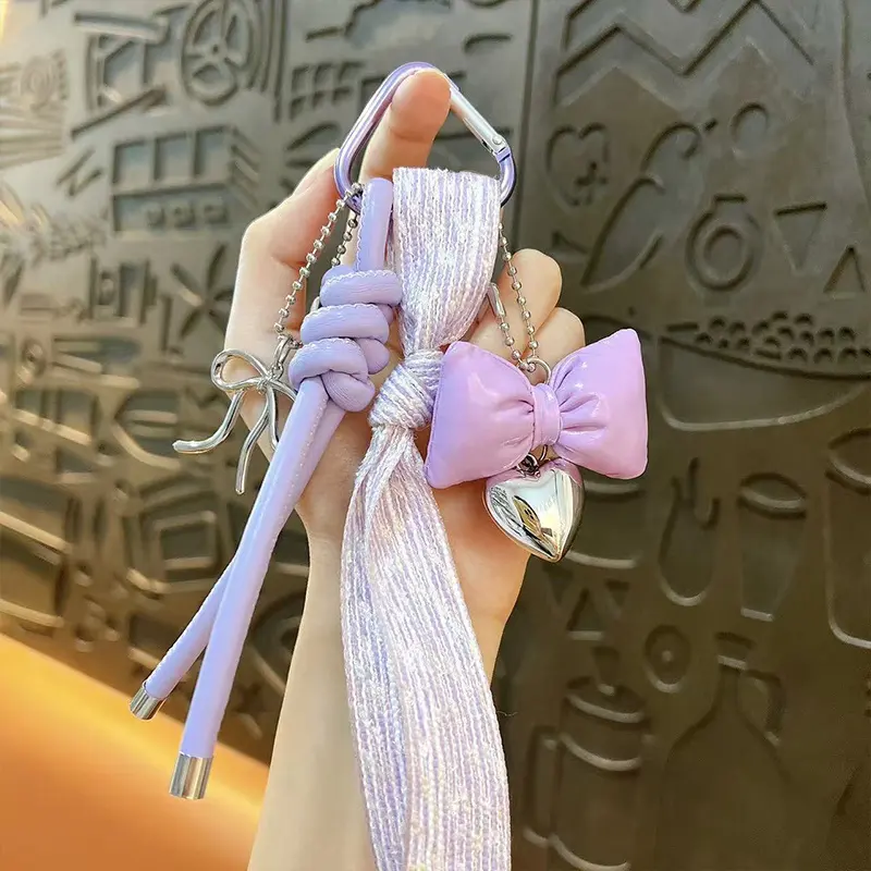 leather rope bowknot keychain, sweet ribbon tassel detachable bag charm with heart pendant