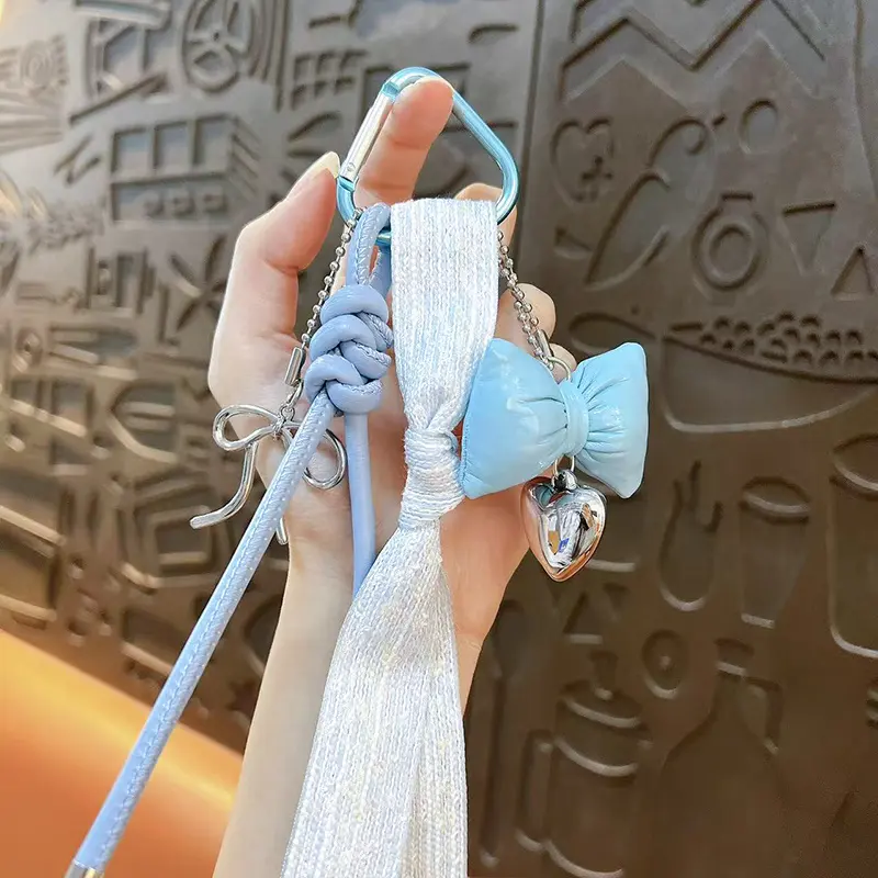 leather rope bowknot keychain, sweet ribbon tassel detachable bag charm with heart pendant