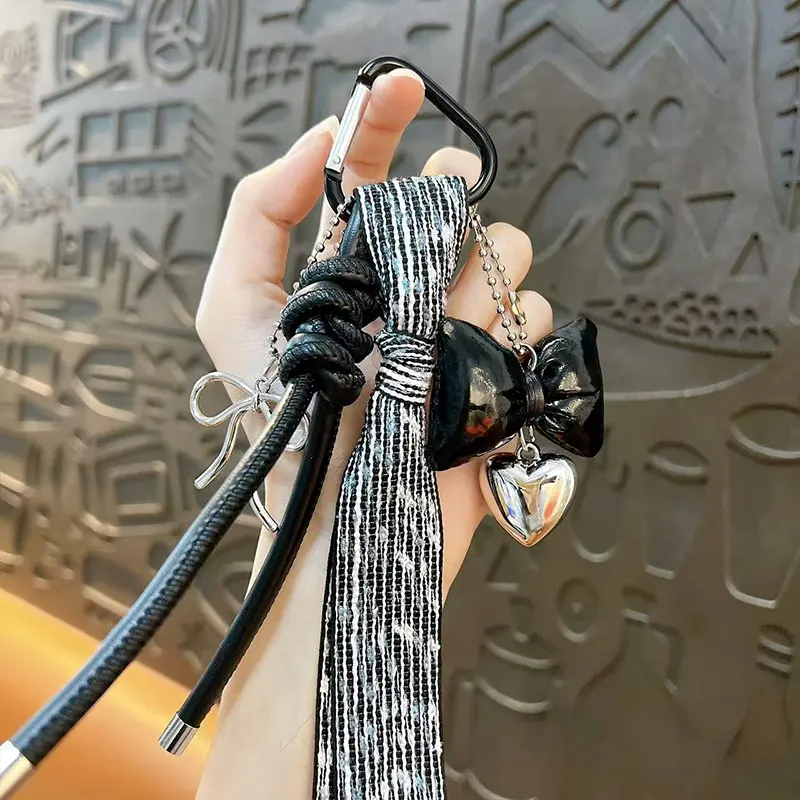 leather rope bowknot keychain, sweet ribbon tassel detachable bag charm with heart pendant