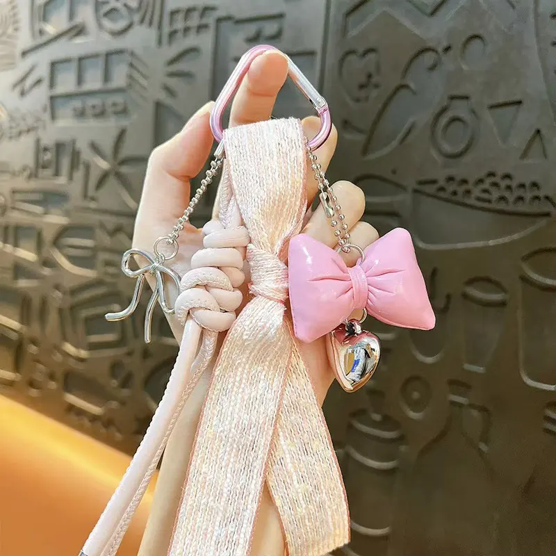 leather rope bowknot keychain, sweet ribbon tassel detachable bag charm with heart pendant