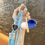 baseball fan sporty keychain, colorful woven rope bag charm with mini baseball bat and glove