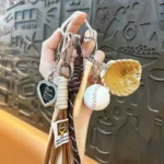 baseball fan sporty keychain, colorful woven rope bag charm with mini baseball bat and glove