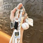 baseball fan sporty keychain, colorful woven rope bag charm with mini baseball bat and glove