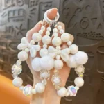 pearl crystal lanyard charm keychain, dreamy white beaded bag charm with bow and cloud ornament