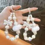 pearl crystal lanyard charm keychain, dreamy white beaded bag charm with bow and cloud ornament