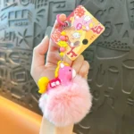 fortune pony pom pom keychain, fluffy lucky horse new year bag charm with fortune pendant