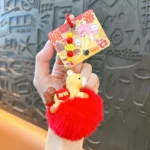 fortune pony pom pom keychain, fluffy lucky horse new year bag charm with fortune pendant