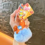fortune pony pom pom keychain, fluffy lucky horse new year bag charm with fortune pendant