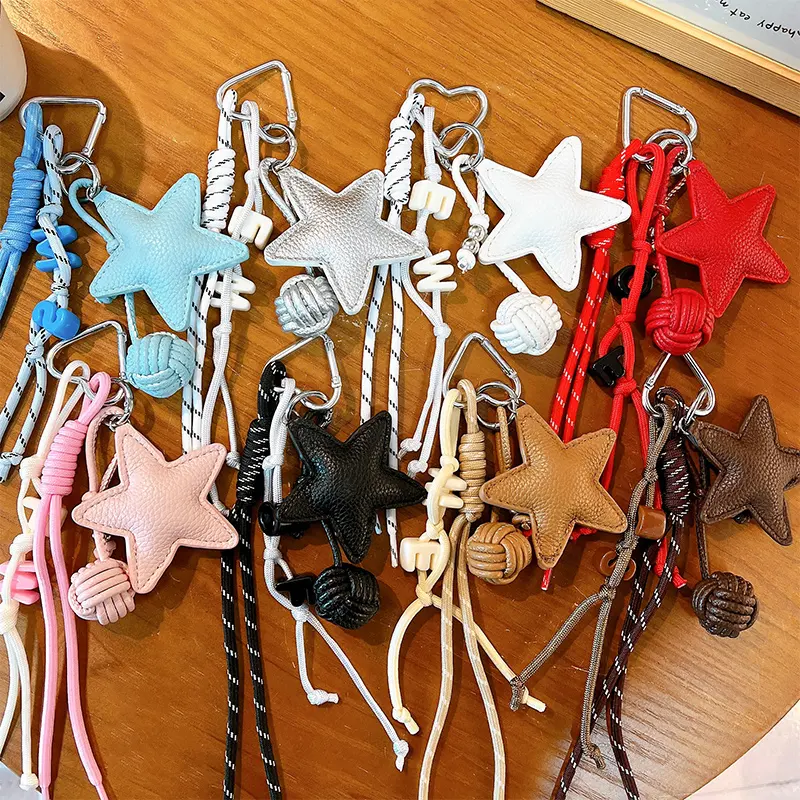 leather star bag keychain, minimalist braided lanyard star charm with woven ball ornament