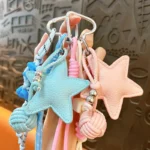 leather star bag keychain, minimalist braided lanyard star charm with woven ball ornament