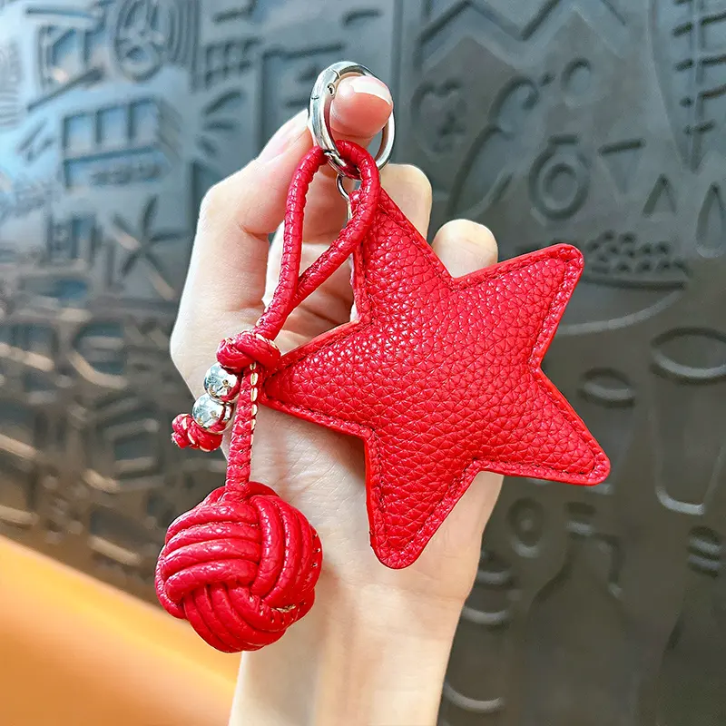 Pebbled Leather Star Bag Charm Keychain Minimalist Star Pendant With Braided Lanyard