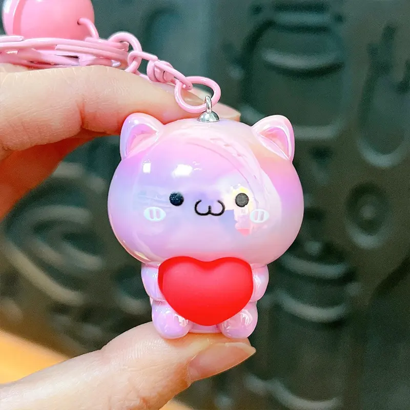 Cute Iridescent Cat Keychain With Red Heart & Bell Kawaii Bag Charm Accessory