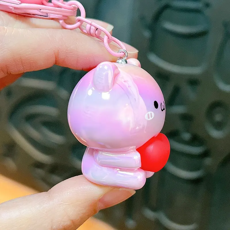 Cute Iridescent Cat Keychain With Red Heart & Bell Kawaii Bag Charm Accessory