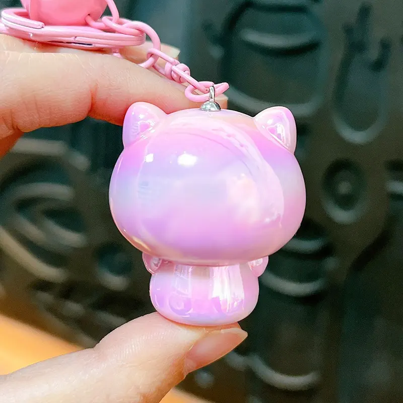 Cute Iridescent Cat Keychain With Red Heart & Bell Kawaii Bag Charm Accessory