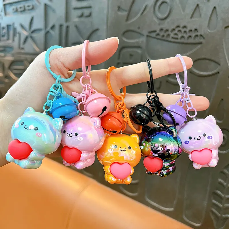 Cute Iridescent Cat Keychain With Red Heart & Bell Kawaii Bag Charm Accessory